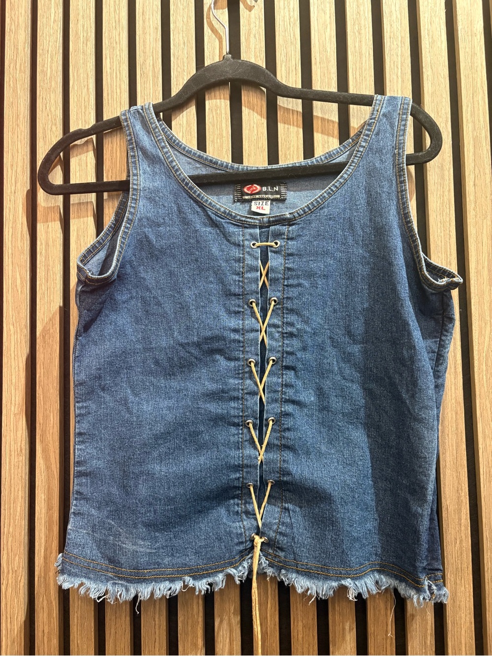 Denim Lace-Up Frayed Hem Tank Top in Blue